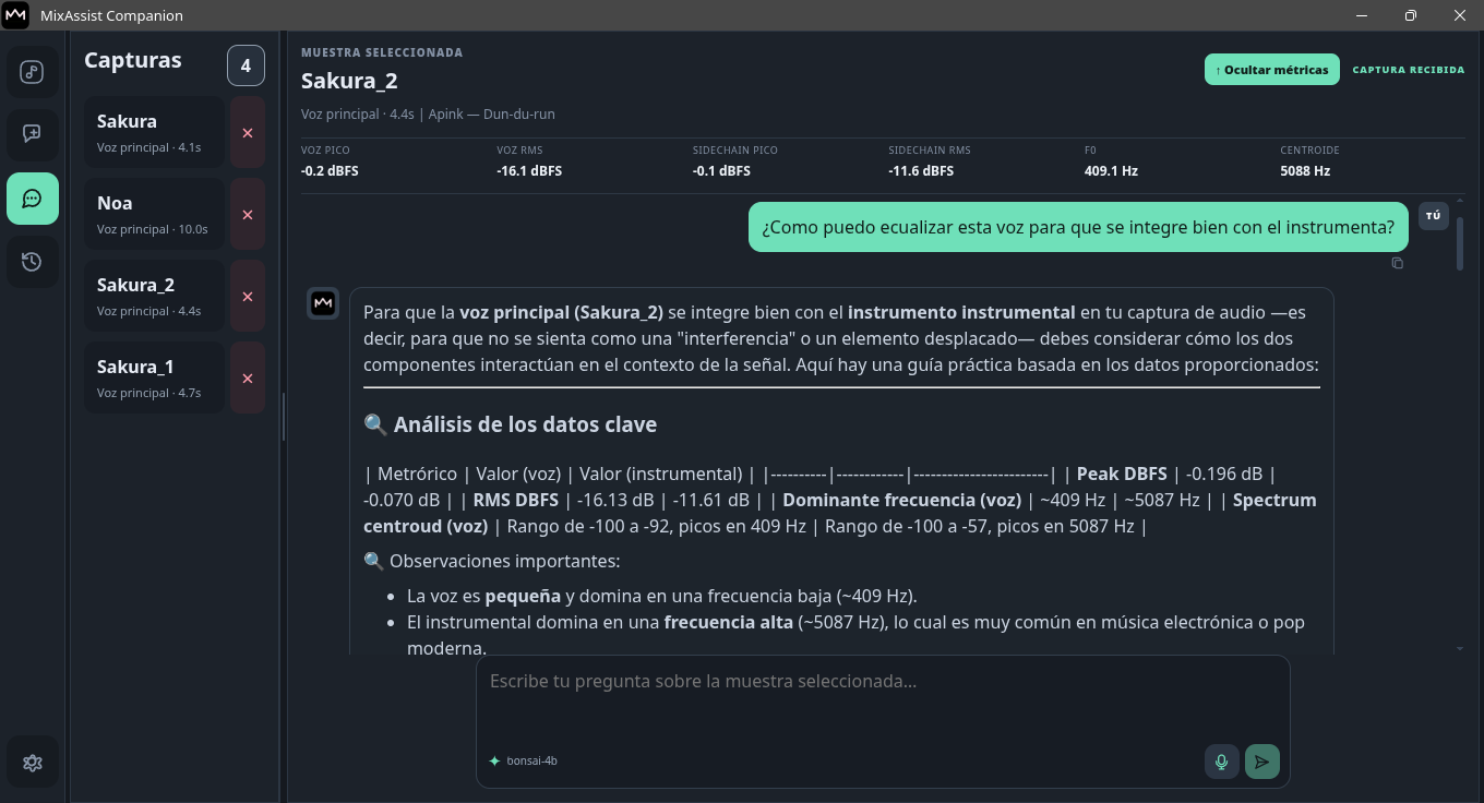 MixAssist Companion en uso analizando una captura de audio